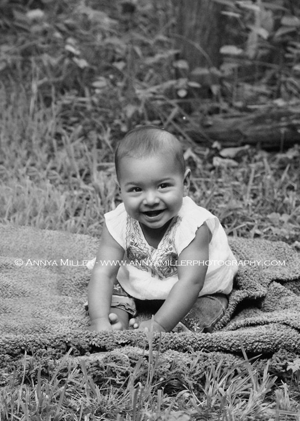 Durham region baby photography of little girl in black and white