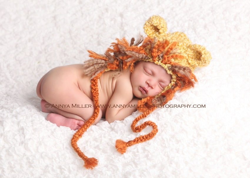 Durham region newborn photography of baby in lion hat
