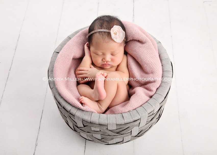 Toronto newborn photography of baby in basket