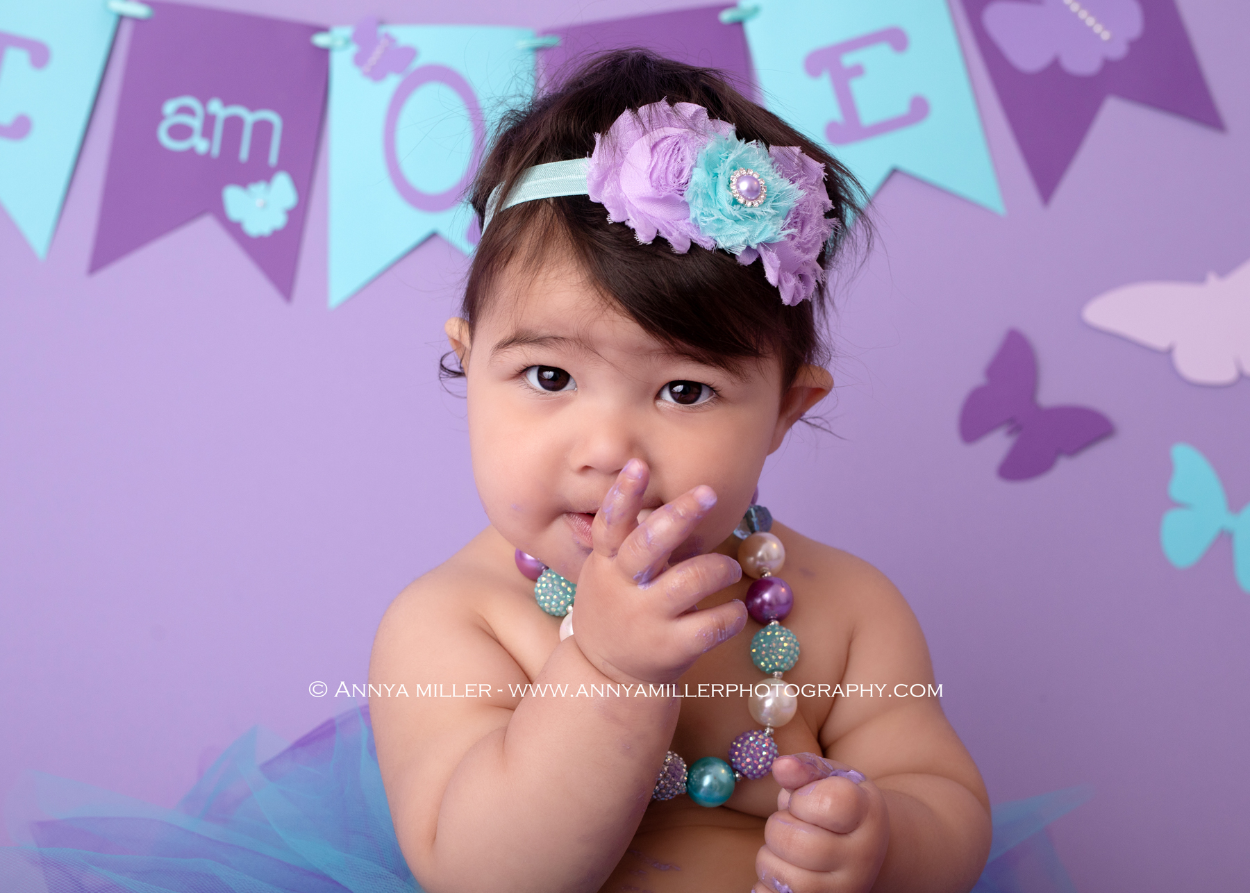 1st birthday photos of baby girl on teal and purple butterfly set at her Pickering cake smash session by Annya Miller Photography